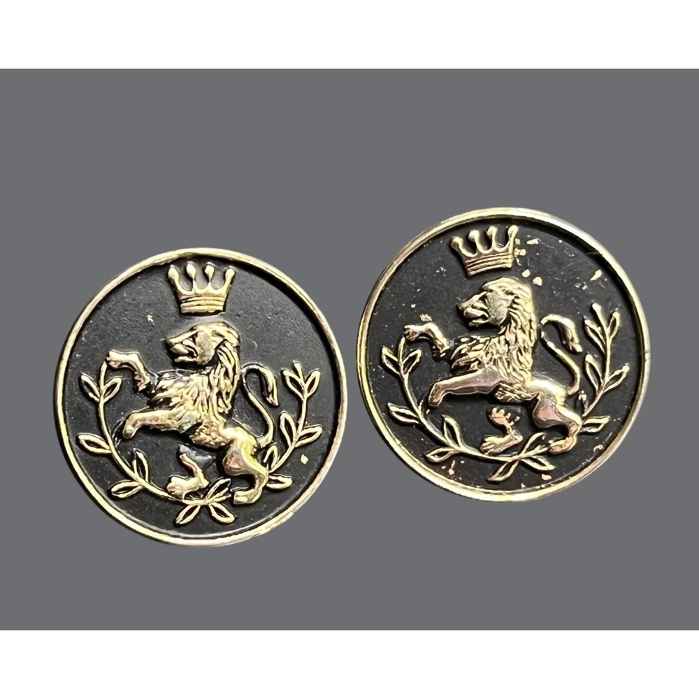 Vintage MCM CUFFLINKS Gold Tone w/Black Enamel LION Rampant Crown Vine Leaves